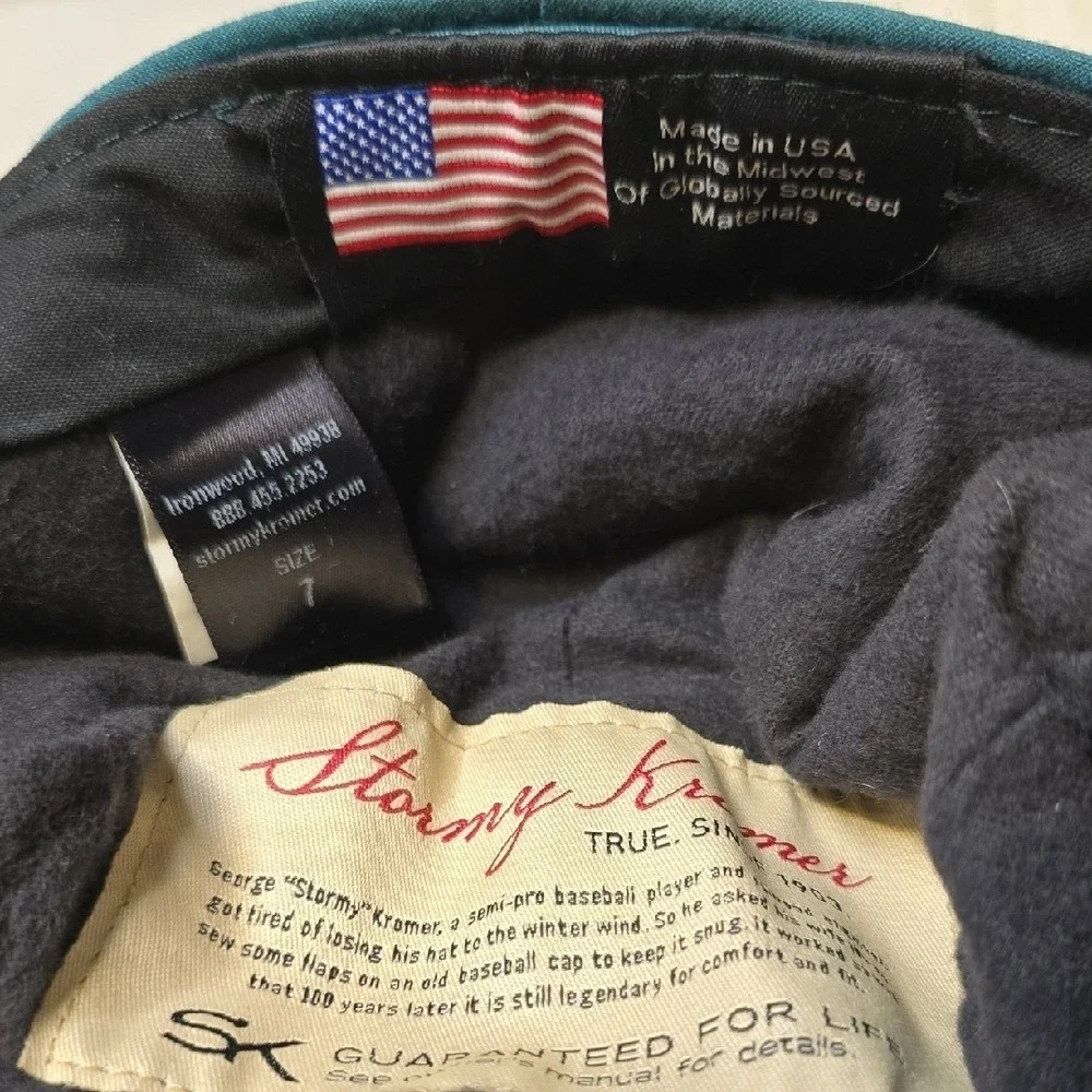 Stormy Kromer Ida Kromer Cap Black Wool Teal Trim Flower Detail Size‎ 7 Hat USA
